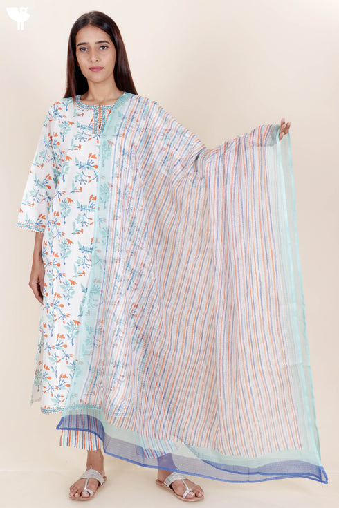 Cotton Kurta Pant Set With Kota Dupatta In Block Print